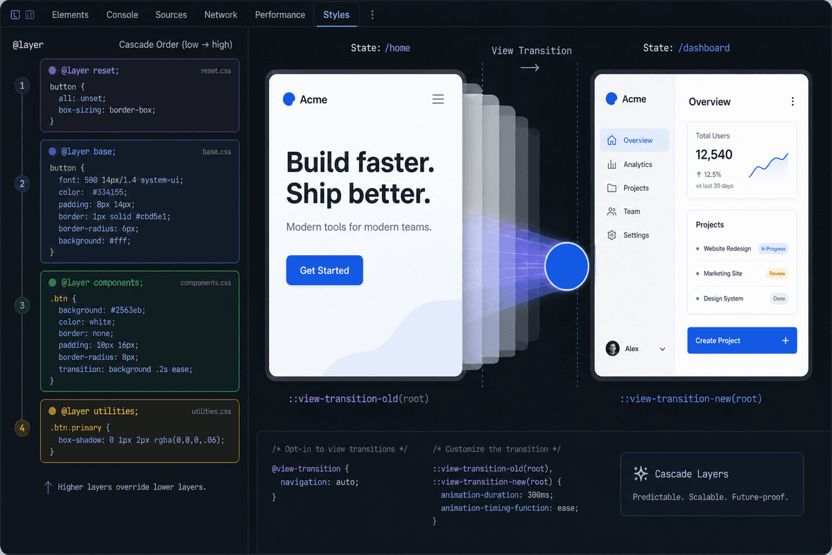 Modern CSS in 2026: How Cascade Layers, View Transitions, and Fluid Design Improve Core Web Vitals